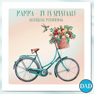 Tarjeta plana para el Día de la Madre (bicicleta, cesta de flores, pájaro adorable), imprimible, PDF, descarga digital, descarga instantánea, afrikáans