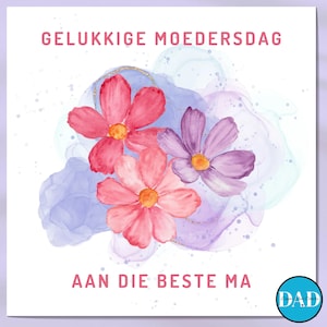 Tarjeta plana para el Día de la Madre, acuarelas, flores cosmos sobre fondo morado, imprimible, PDF, descarga digital, morado y rosa, mamá especial, afrikáans.