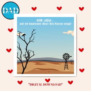 Cartão original do Dia dos Namorados,Africâner,Kaalvoet deur die Karoo,Imprimível,Amor,Download instantâneo,pdf,Azul e marrom,Vir Jou,Download digital