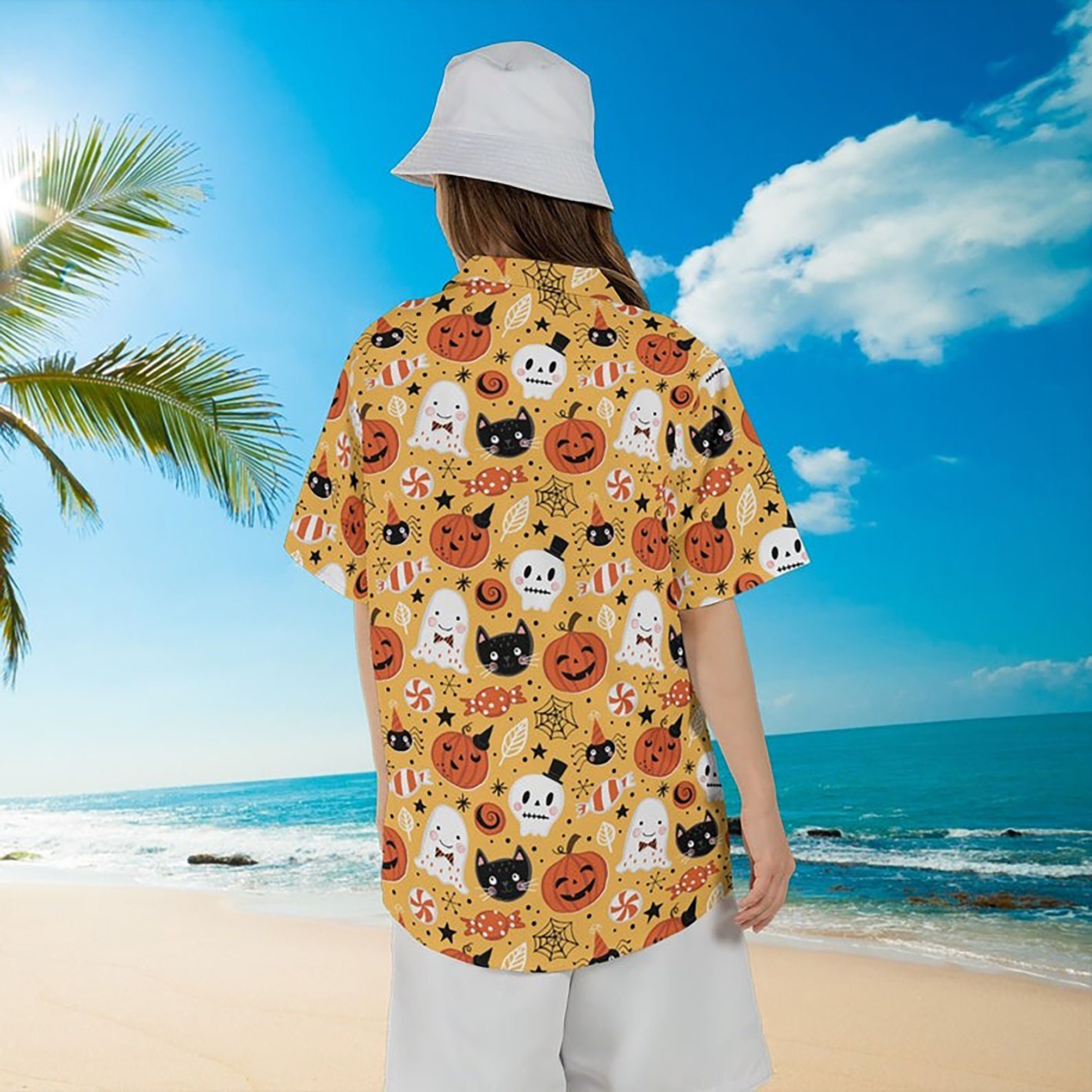 Discover Happy Halloween Black Cat Hawaiian Shirt, Halloween Costume Shirt, Halloween Lover Gift, Pumpkins Shirt