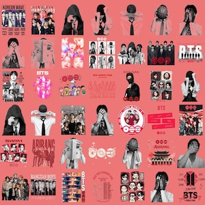 Könnte beinhalten: Eine Sammlung verschiedener Aufkleber und Grafiken auf rosa Hintergrund. Die Bilder zeigen Bandmitglieder, Albumcover und Texte wie "BTS", "Korean Wave" und "Bangtan Boys". Die Designs sind in verschiedenen Farben und Stilen.