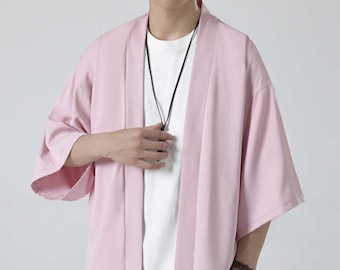 Eleganti uomini Haori, cardigan semplice in tinta unita, abbigliamento giapponese minimalista, streetwear giapponese, kimono da uomo, uomini kimono, giacca kimono