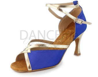 Blau Latein Tanzschuhe Damen | Golden Straps & Heels Latein Tanzschuhe | Salsa Schuhe | Damen Latein Schuhe | Bachata Schuhe | Abschlussball 7,5 cm