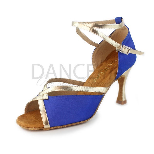 Blue Latin Dance Shoes For Women | Golden Straps & Heels Latin Dance Shoes | Salsa Shoes | Ladies Latin Shoes | Bachata Shoes | Prom 7.5 cm