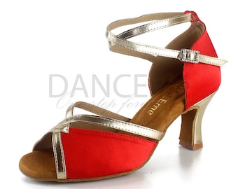 Rote Latein Tanzschuhe für Damen | Golden Straps & Heels Latein Tanzschuhe | Salsa Schuhe | Damen Latein Schuhe | Bachata Schuhe | Abschlussball Schuhe