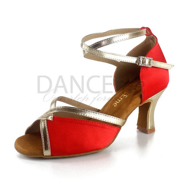 Red Latin Dance Shoes For Women | Golden Straps & Heels Latin Dance Shoes | Salsa Shoes | Ladies Latin Shoes | Bachata Shoes | Prom Shoes