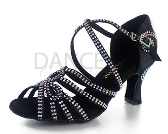 Schwarze Latein Tanzschuhe für Frauen | Strass Latein Tanzschuhe | Salsa Schuhe | Damen Latein Schuhe | Satin Bachata Schuhe | Abschlussball Schuhe