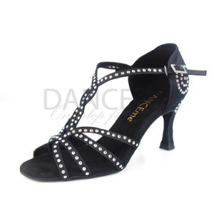 Black Rhinestone Latin Dance Shoes: Salsa Bachata Ballroom (7.5cm Heel)