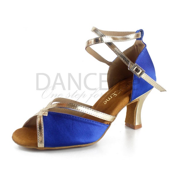 Blue Latin Dance Shoes For Women | Golden Straps & Heels Latin Dance Shoes | Salsa Shoes | Ladies Latin Shoes | Bachata Shoes | Prom Shoes