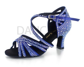 Dunkelblaue Latein Tanzschuhe für Frauen | Strass Latein Tanzschuhe | Salsa Schuhe | Damen Latein Schuhe | Bachata Schuhe | Abschlussball Schuhe