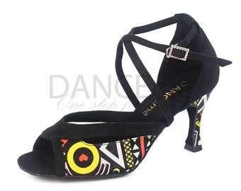 Schwarze Latein Tanzschuhe für Frauen | Bunte Latein Tanzschuhe | Salsa Schuhe | Damen Latein Schuhe | Bachata Schuhe | Tanzfläche Schuhe 7,5 cm