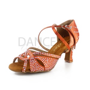 Rhinestone Latin Dance Shoes: Brown Satin Salsa Bachata Shoes