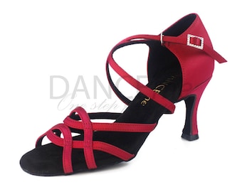 Rote Satin-Lateintanzschuhe für Damen | Latein-Tanzschuhe | Salsa-Schuhe | Lateinschuhe für Damen | Bachata-Schuhe | Tanzbodenschuhe 7,5 cm
