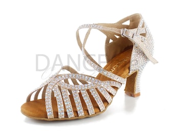 Champagne Latin Dance Shoes For Women | Rhinestone Latin Dance Shoes | Salsa Shoes | Ladies Latin Shoes | Satin Bachata Shoes | Prom Shoes