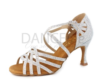 Super leichte Silber Tanzschuhe für Frauen | Strass Latein Tanzschuhe | Salsa Schuhe | Damen Latein Schuhe | Bachata Schuhe 7,5 cm