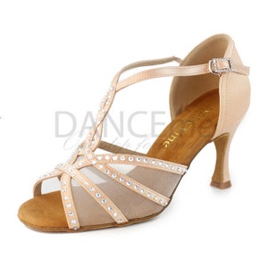 Beige Satin Latin Dance Shoes: Rhinestone Salsa Bachata Shoes (7.5cm Heel)