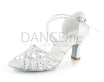 Chaussures de danse latine en satin blanc et strass - Bal de promo salsa bachata
