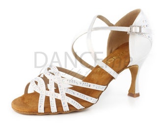 Weiße Satin Latein Tanzschuhe für Damen | Strass Latein Tanzschuhe | Salsa Schuhe | Damen Latein Schuhe | Bachata Schuhe | Abschlussball 7,5 cm