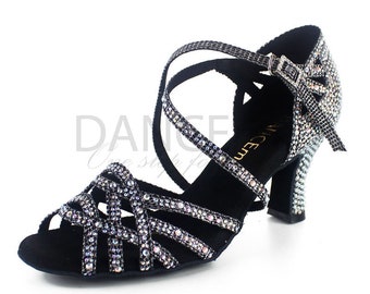 Schwarze Latein Tanzschuhe für Frauen | Strass Latein Tanzschuhe | Salsa Schuhe | Damen Latein Schuhe | Satin Bachata Schuhe | Abschlussball Schuhe