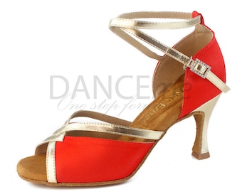 Rote Latein Tanzschuhe für Damen | Golden Straps & Heels Latein Tanzschuhe | Salsa Schuhe | Damen Latein Schuhe | Bachata Schuhe | Abschlussball 7,5 cm