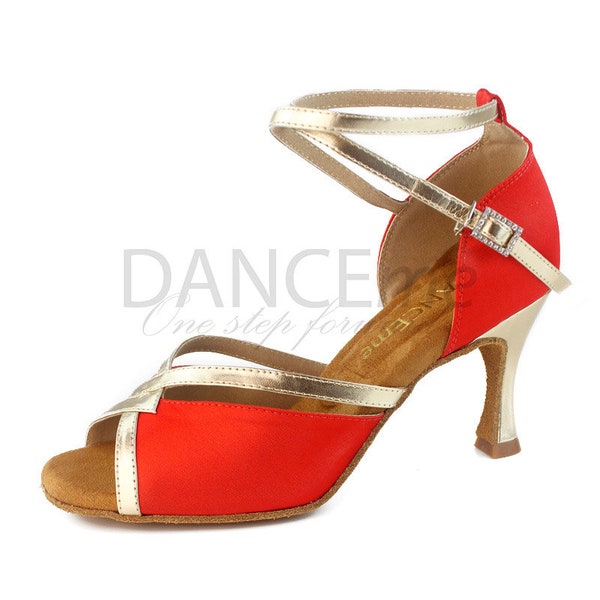 Red Latin Dance Shoes For Women | Golden Straps & Heels Latin Dance Shoes | Salsa Shoes | Ladies Latin Shoes | Bachata Shoes | Prom 7.5 cm