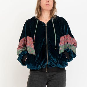 Petrol reversible velvet jacket – green botanical sari side - Size L