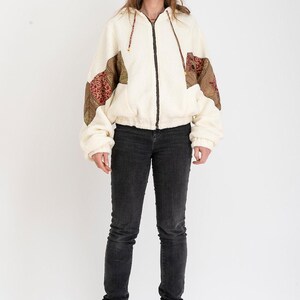 Earth Patchwork – Reversible Hooded Teddy Jacket with Olive Sari Mosaic - Size L