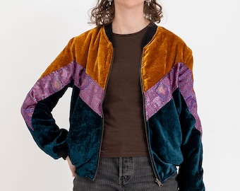 Dwustronna kurtka typu bomber z lat 90. w kolorze musztardowym i benzynowym z detalami w stylu vintage sari