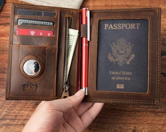 Personalised Genuine Leather AirTag Passport Holder — RFID Travel Wallet, Engraved Wedding Gift