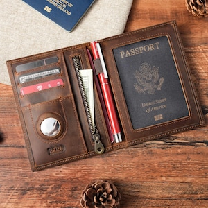 Personalized Vintage Cowhide Leather RFID Passport Holder with AirTag Slot, Travel Wallet for Couples, Family Travelers, Christmas Gifts