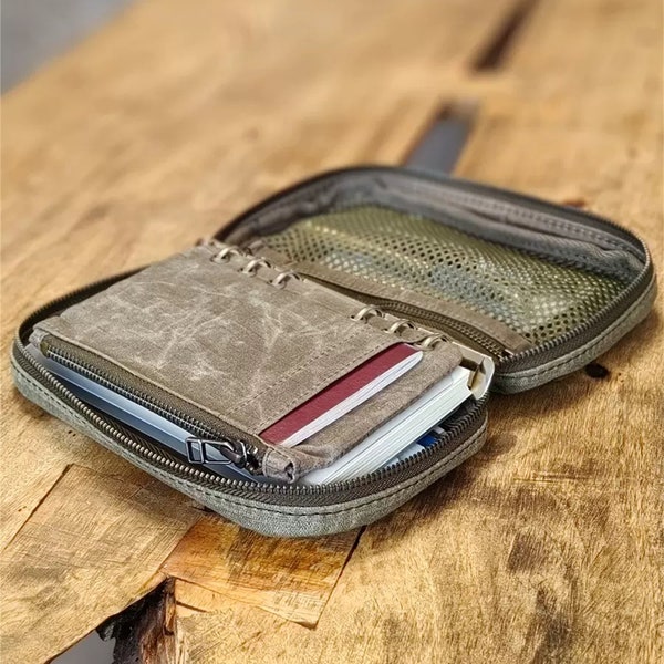 Estuche de lona hecho a mano con cremallera: organizador de hojas sueltas A5/A6.