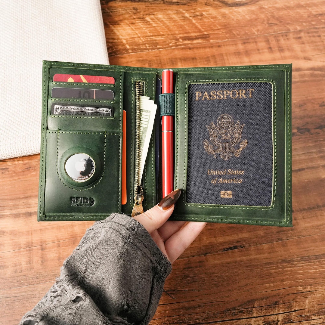 Personalized Leather Passport Holder with AirTag Slot, RFID Travel Wallet, Custom Engraved