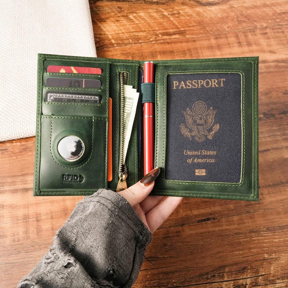 Personalized Leather Passport Holder with AirTag Slot, RFID Travel Wallet, Custom Engraved Gift for Dad, Husband, Traveler