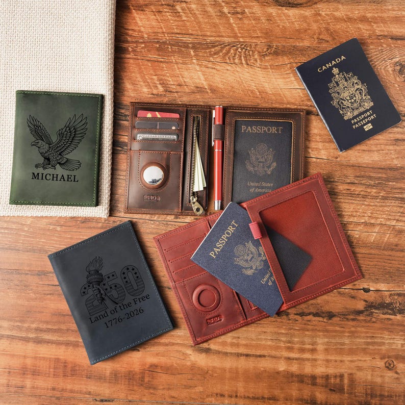 Personalized Leather Passport Holder with AirTag Slot, RFID Travel Wallet, Custom Engraved Gift for Dad, Husband, Traveler image 8