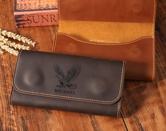 Gepersonaliseerde Crazy Horse-heuptas voor heren: magnetische telefoonholster, leren portemonnee: past op 6,9-inch telefoons