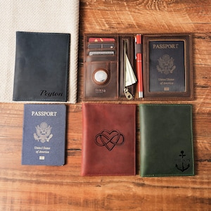 Personalized Leather Passport Holder with AirTag Slot, RFID Travel Wallet, Custom Engraved Gift for Dad, Husband, Traveler image 5