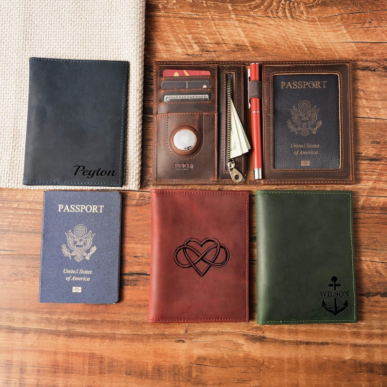Personalized Leather Passport Holder with AirTag Slot, RFID Travel Wallet, Custom Engraved Gift for Dad, Husband, Traveler image 5