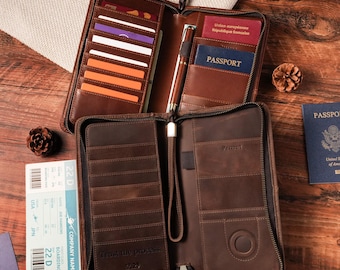Personalized Leather Family Passport Holder/Travel Wallet | RFID Blocking Document Organizer | Custom Passport Wallet for Family
