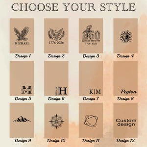 May include: A grid of twelve rectangular panels on a tan background, each featuring a unique black graphic design and label from Design 1 to Design 12. The text CHOOSE YOUR STYLE appears at the top. Designs include eagles, a torch, sun, monograms, mountains, a compass, and an airplane.