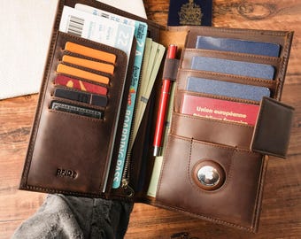 Personalized Leather Passport Holder, Custom RFID Travel Wallet, Multi-Function Family Passport Case with AirTag Slot