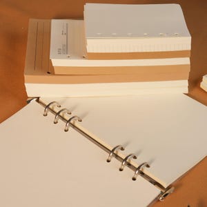Può includere: Una pila di carta color crema e marrone, con un raccoglitore aperto in primo piano. La carta è preforata per un raccoglitore. Il raccoglitore aperto ha anelli metallici argentati. La carta è impilata su una superficie marrone.