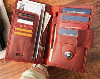 Personalisierter Leder Passhalter, Reisebrieftasche für Familie & Business, Familienpasshülle mit AirTag-Steckplatz, Perfekte Weihnachtsgeschenke