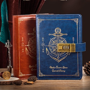 May include: Two leather-bound journals, one brown and one blue, with gold accents. The blue journal features an anchor and compass design with a combination lock. The text "Make Your Own Secret Diary" is visible on the cover.
