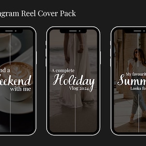 May include: Three Instagram reel cover templates with white text on a dark background. The first template features a cup of coffee with the text "Spend a Weekend with me". The second template features a woman in a white dress with the text "A complete Holiday Vlog 2024". The third template features a woman in a white shirt and blue jeans with the text "My favourite Summer Looks for 2024".