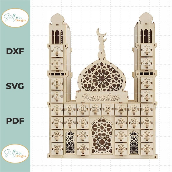 Ramadan Countdown Calendar  Vector svg Calendar - Laser Cut Ramadan Wooden Advent Calendar 30 Drawers DWG File - Laser Cut 30 Days