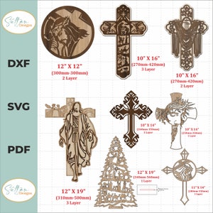 File tagliato al laser di Gesù e la Croce, arte della parete cristiana, modello digitale dell'albero della Natività, modello digitale della croce con tessuto e gigli in formato SVG