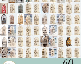 60 Amsterdam Houses 3D Laser Cut Files DXF Model for Plasma DIY cnc Project Funny Kids Bundle, cutting machine files,Miniature Glowforge SVG
