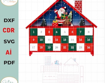 5 Advent calendar laser cut vector file, Christmas Advent Calendar, Christmas Advent Calendar 30 drawers, Christmas decoration Calendar, SVG