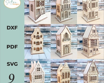 9 Amsterdam Houses 3D Laser Cut Files DXF Model for Plasma DIY cnc Project Funny Kids Bundle, cutting machine files,Miniature Glowforge SVG
