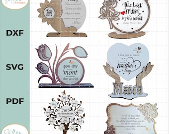 May include: Set of five laser cut wood signs with various Mother's Day themes. The signs feature a heart, a tree, a flower, and a circle with the text "You are the best Mom around the world".